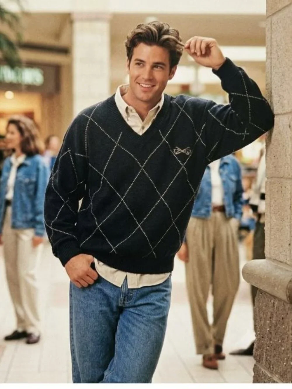 Izod Men L Sweater Navy Blue V-Neck Argyle Cotton Heritage Golf Preppy Essential